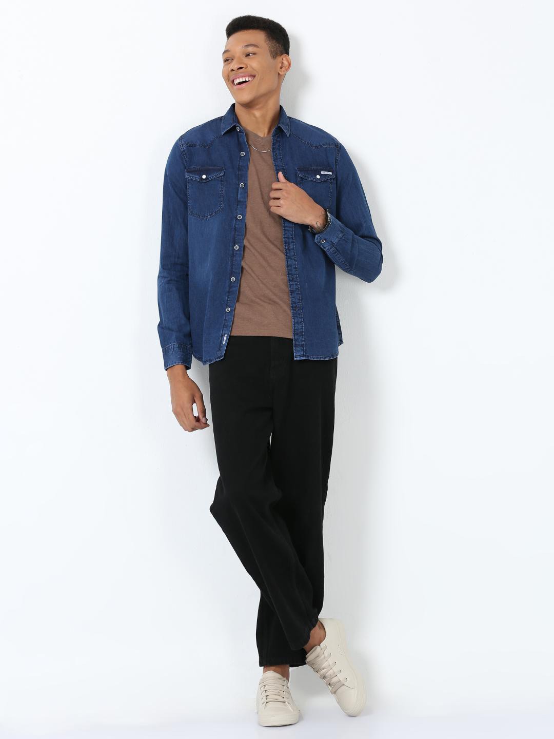 

FLY 69 Men Premium Slim Fit Faded Opaque Casual Shirt, Blue
