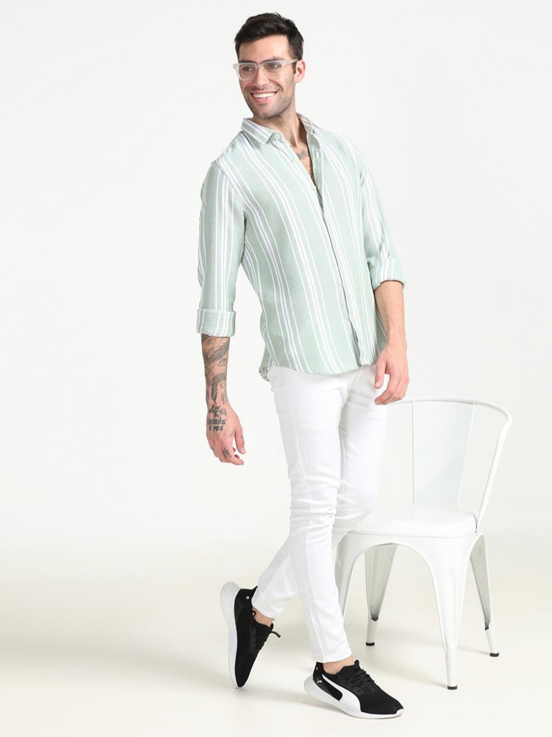 

FLY 69 Men Premium Slim Fit Opaque Striped Casual Shirt, Green
