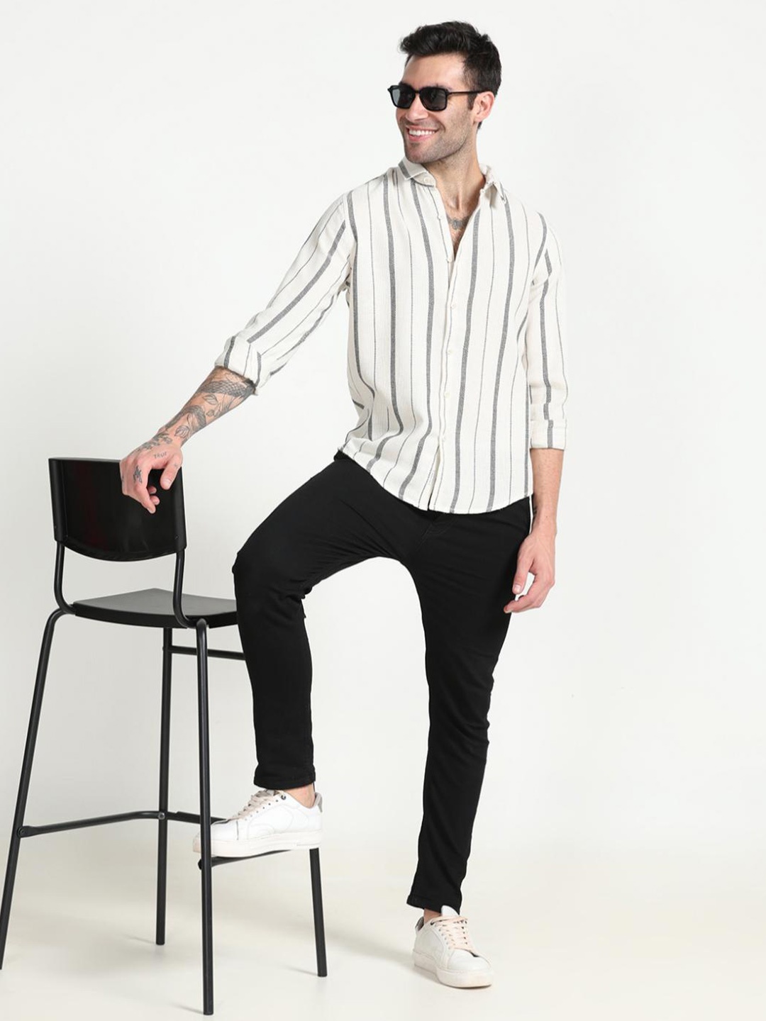 

FLY 69 Men Premium Slim Fit Opaque Striped Casual Shirt, Beige