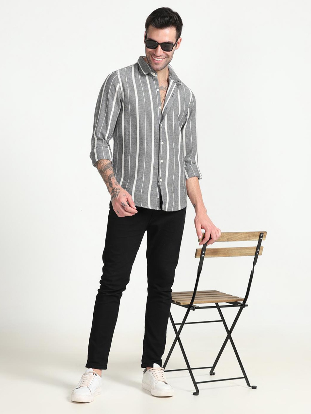 

FLY 69 Men Premium Slim Fit Opaque Striped Casual Shirt, Grey