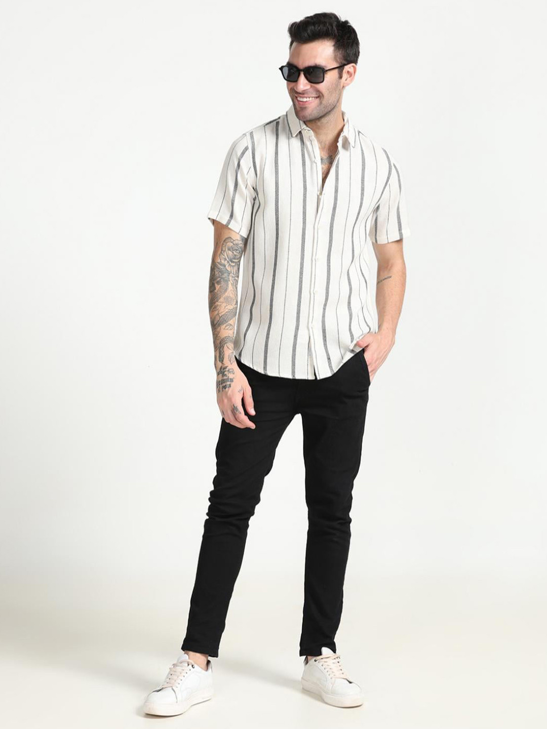 

FLY 69 Men Premium Slim Fit Opaque Striped Casual Shirt, Beige