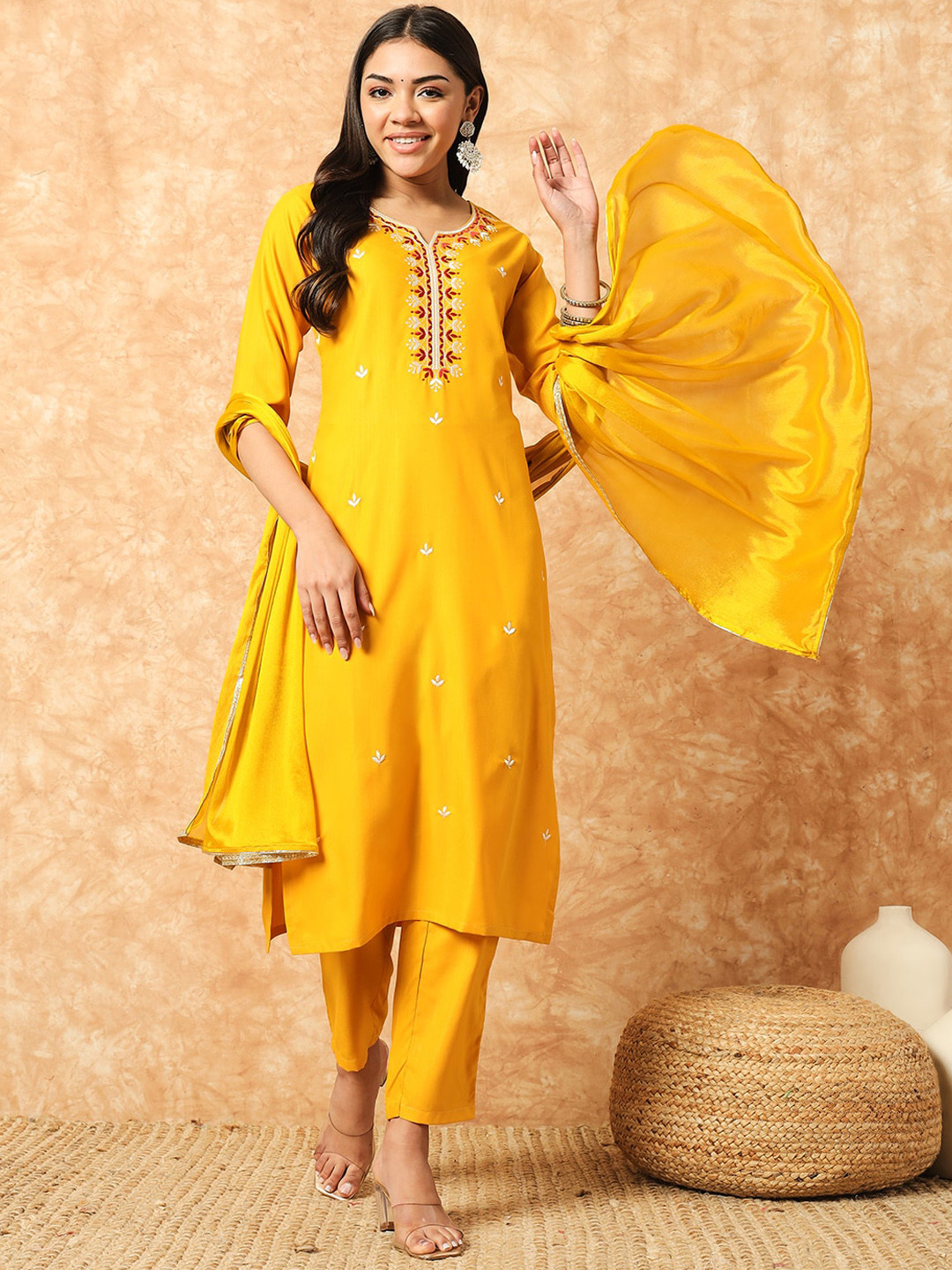 

KALINI Floral Embroidered Regular Thread Work Kurta With Trousers & Dupatta, Yellow