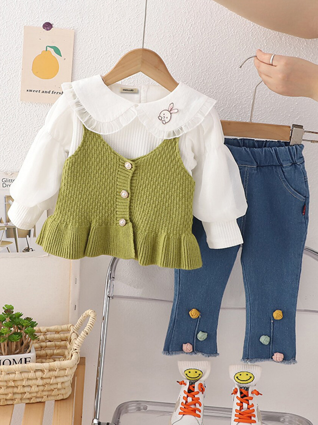 

INCLUD Girls Cotton Top & Cardigan with Trousers, Green