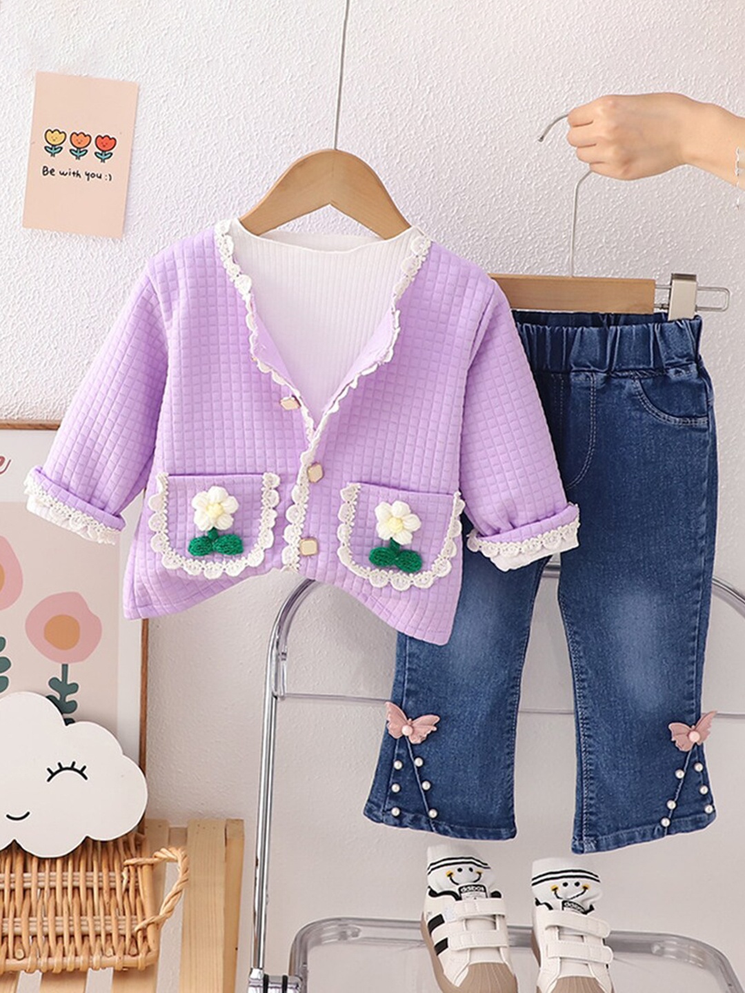 

INCLUD Girls Self Design Top With Cardigan & Trousers, Purple
