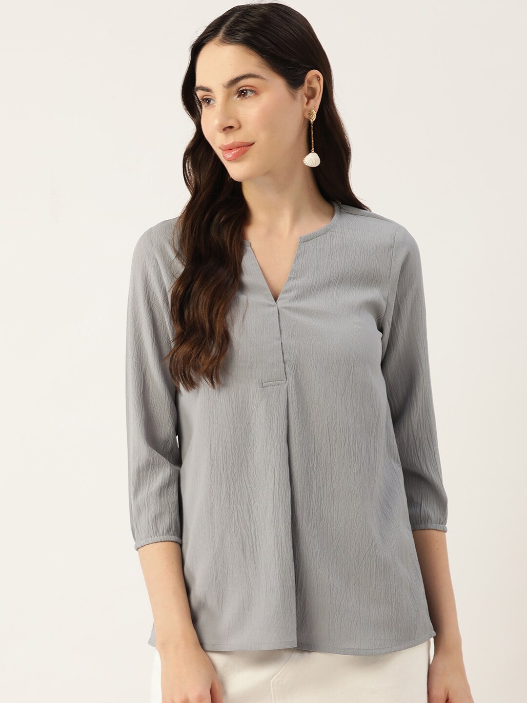 

Bani Women Striped Mandarin Collar Cotton Top, Grey