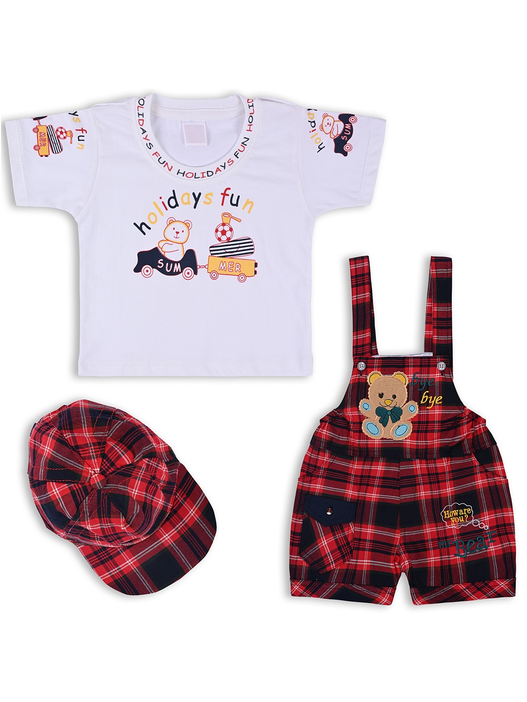 

Wish Karo Infant Boys Checked Pure Cotton Dungaree Comes With T-Shirt & Cap, Red