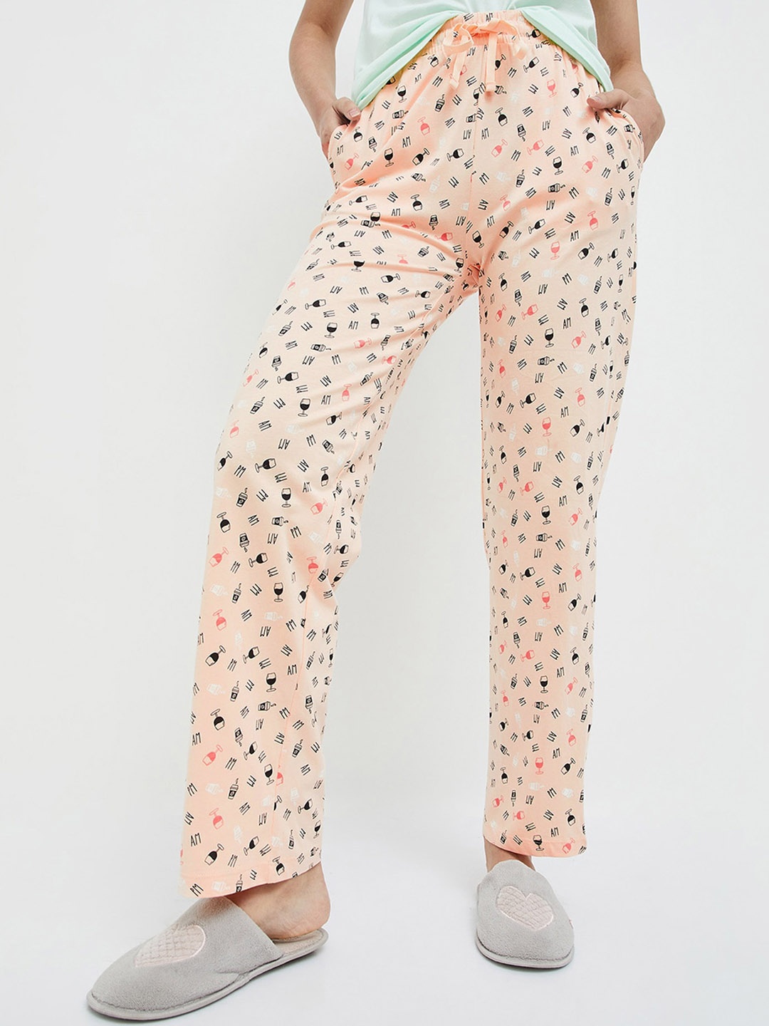

Ginger by Lifestyle Women Peach-Coloured Conversational Printed Cotton Pyjamas