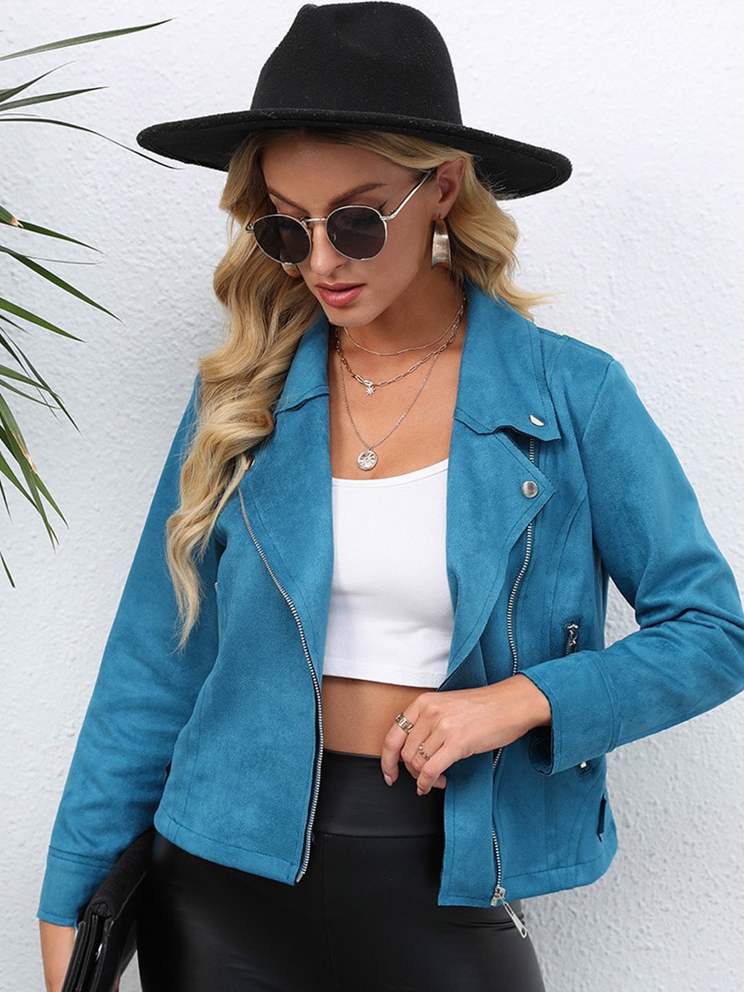 

StyleCast Blue Lapel Collar Zip Detail Crop Open Front Jacket