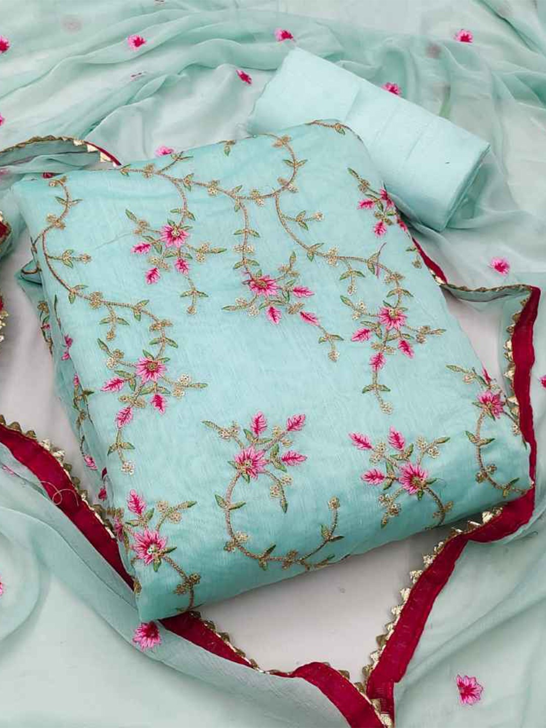 

faxofab Ethnic Motifs Embroidered Silk Georgette Unstitched Dress Material, Blue