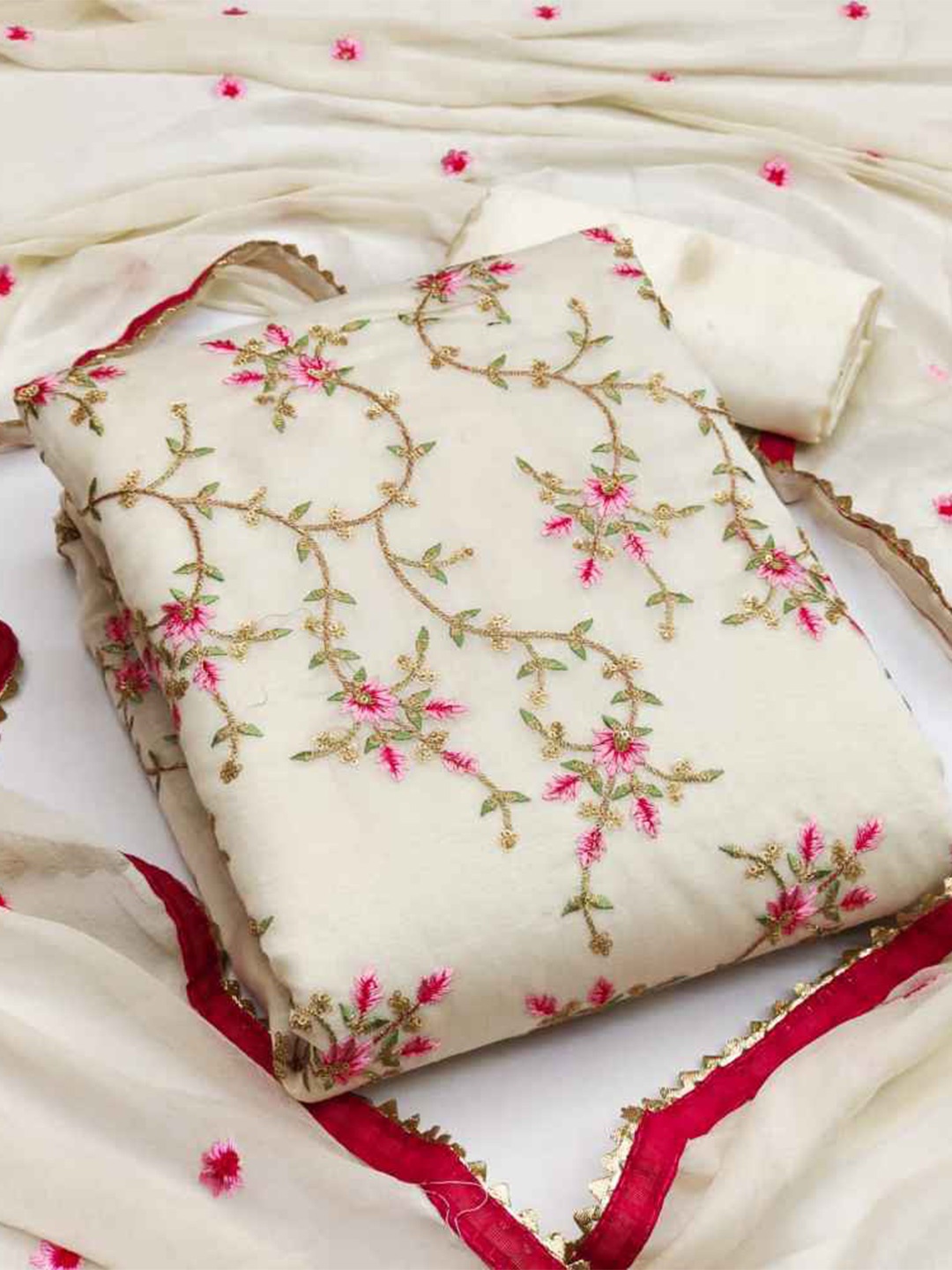 

faxofab Embroidered Silk Georgette Unstitched Dress Material, White