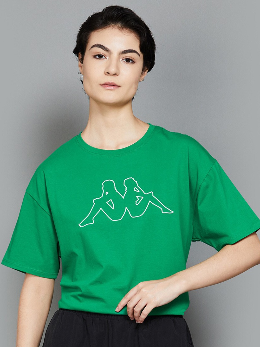 

Kappa Women Typography Printed Raw Edge T-shirt, Green