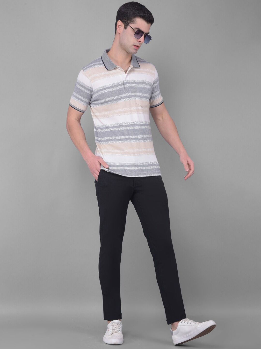 

COBB Men Striped Polo Collar Pockets T-shirt, Beige