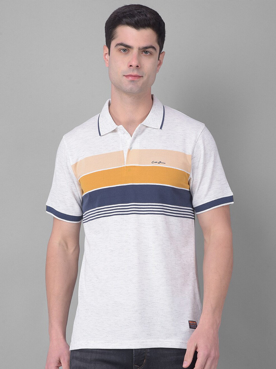 

COBB Men Striped Polo Collar Pockets T-shirt, Grey