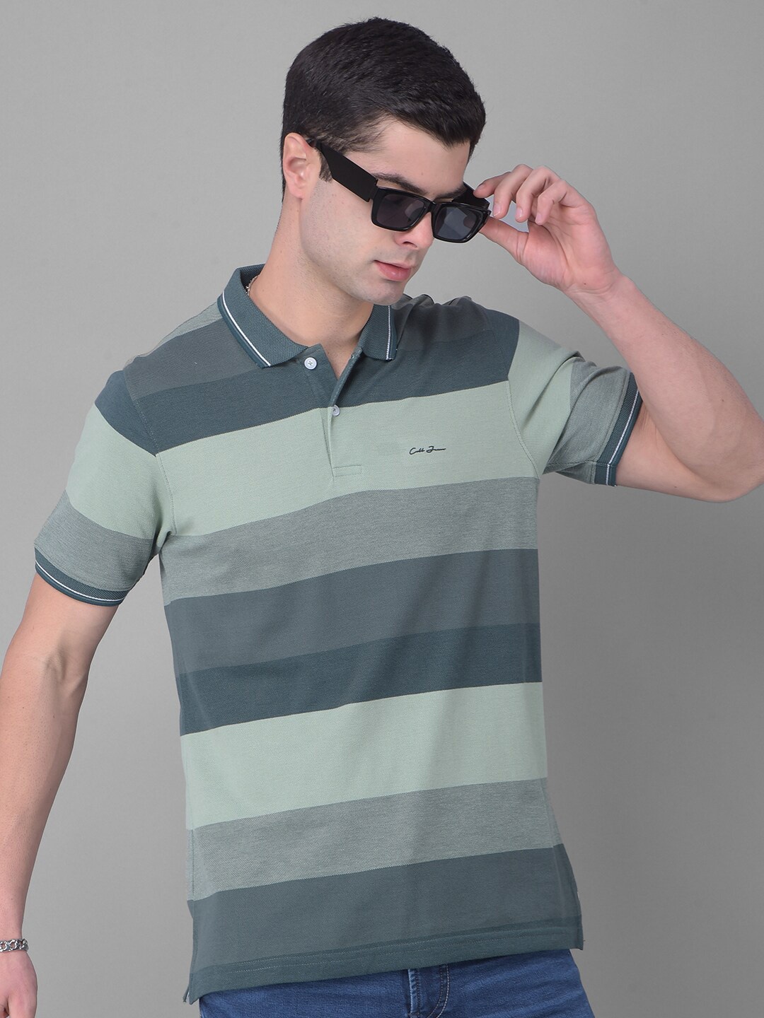 

COBB Men Striped Polo Collar Pockets T-shirt, Green