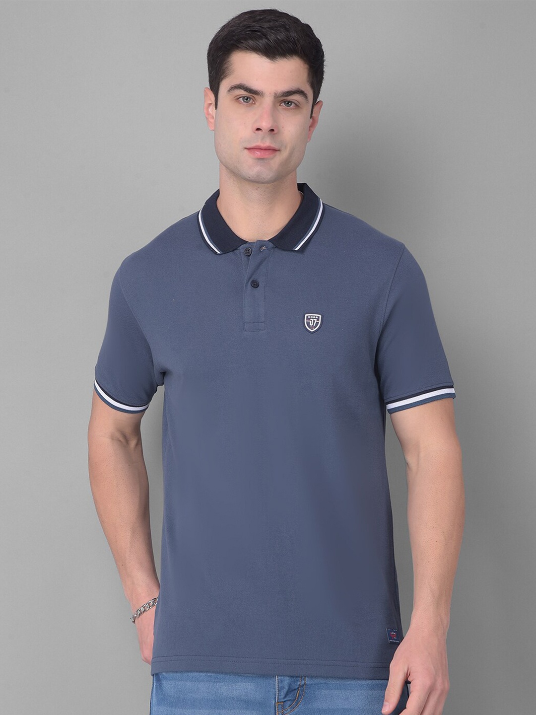 

COBB Men Polo Collar Applique T-shirt, Blue