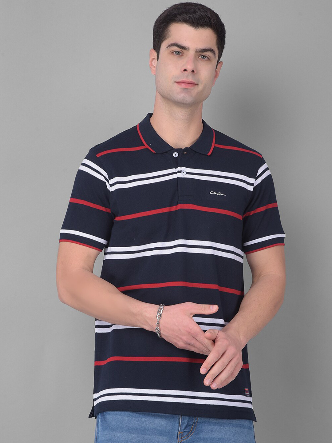 

COBB Men Striped Polo Collar Pockets T-shirt, Navy blue