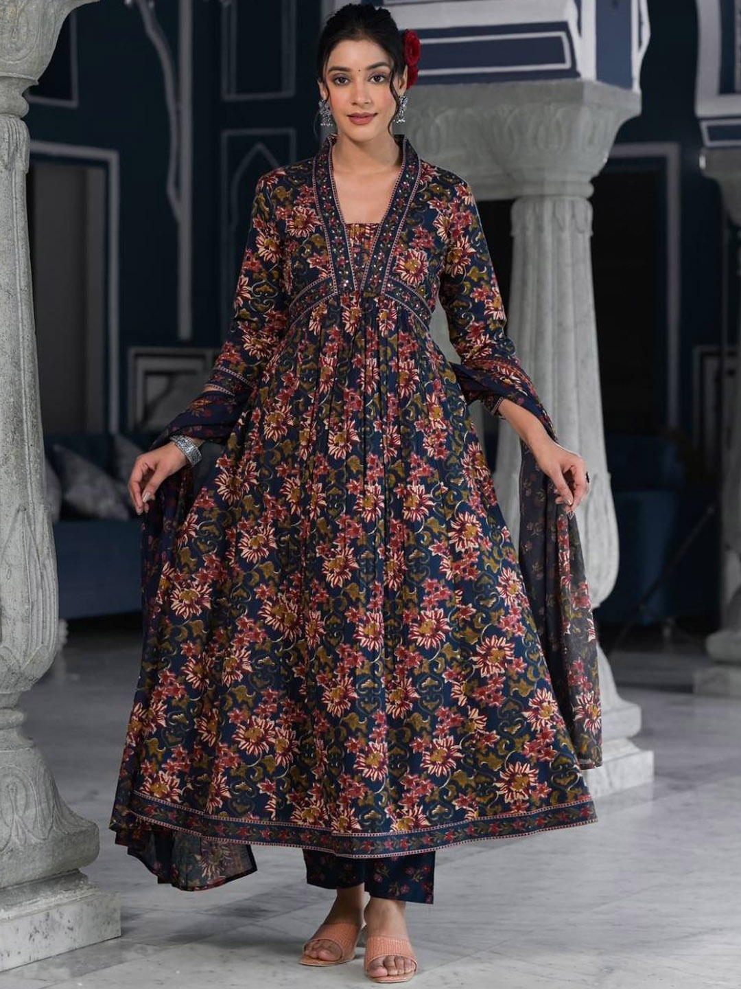 

Varanga Floral Printed & Sequinned Pure Cotton Anarkali Kurta With Trouser & Dupatta, Navy blue