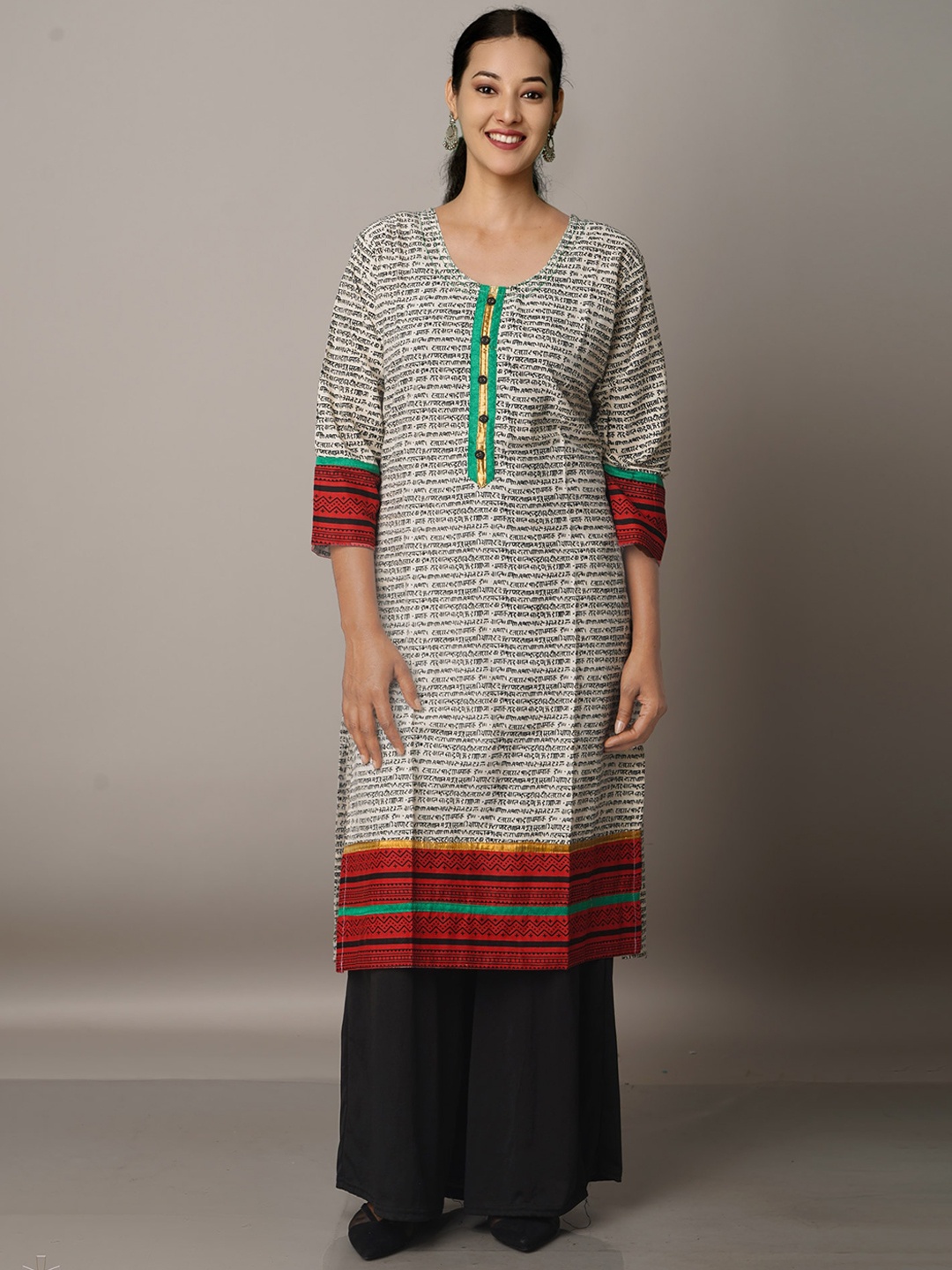 Unnati Silks Geometric Printed Round Neck Cotton Straight Kurta, Off white
