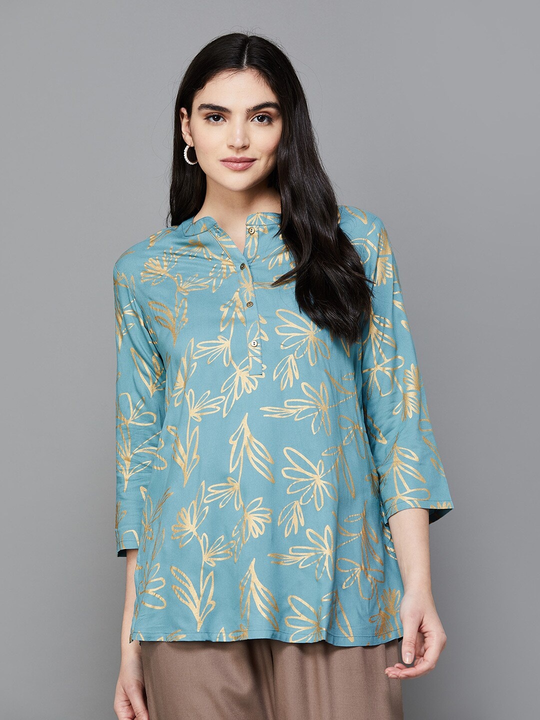 

Melange by Lifestyle Ethnic Motifs Mandarin Collar Regular Sleeves Kurti, Teal