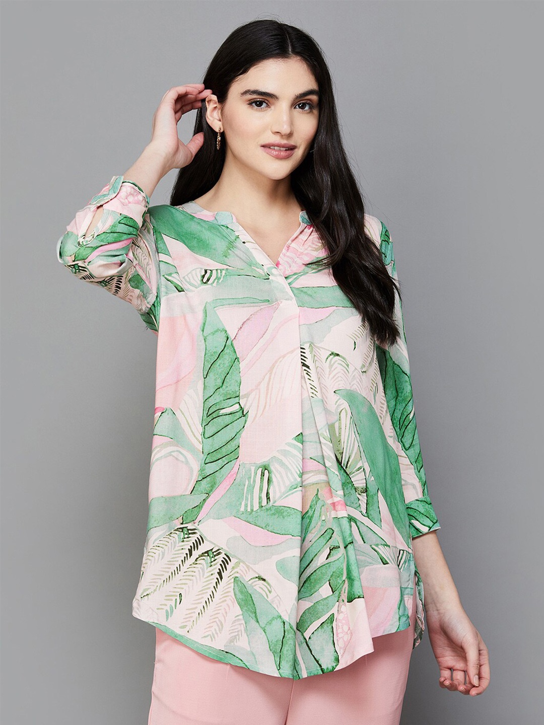 

Melange by Lifestyle Tropical Printed Mandarin Collar Tunic, Green