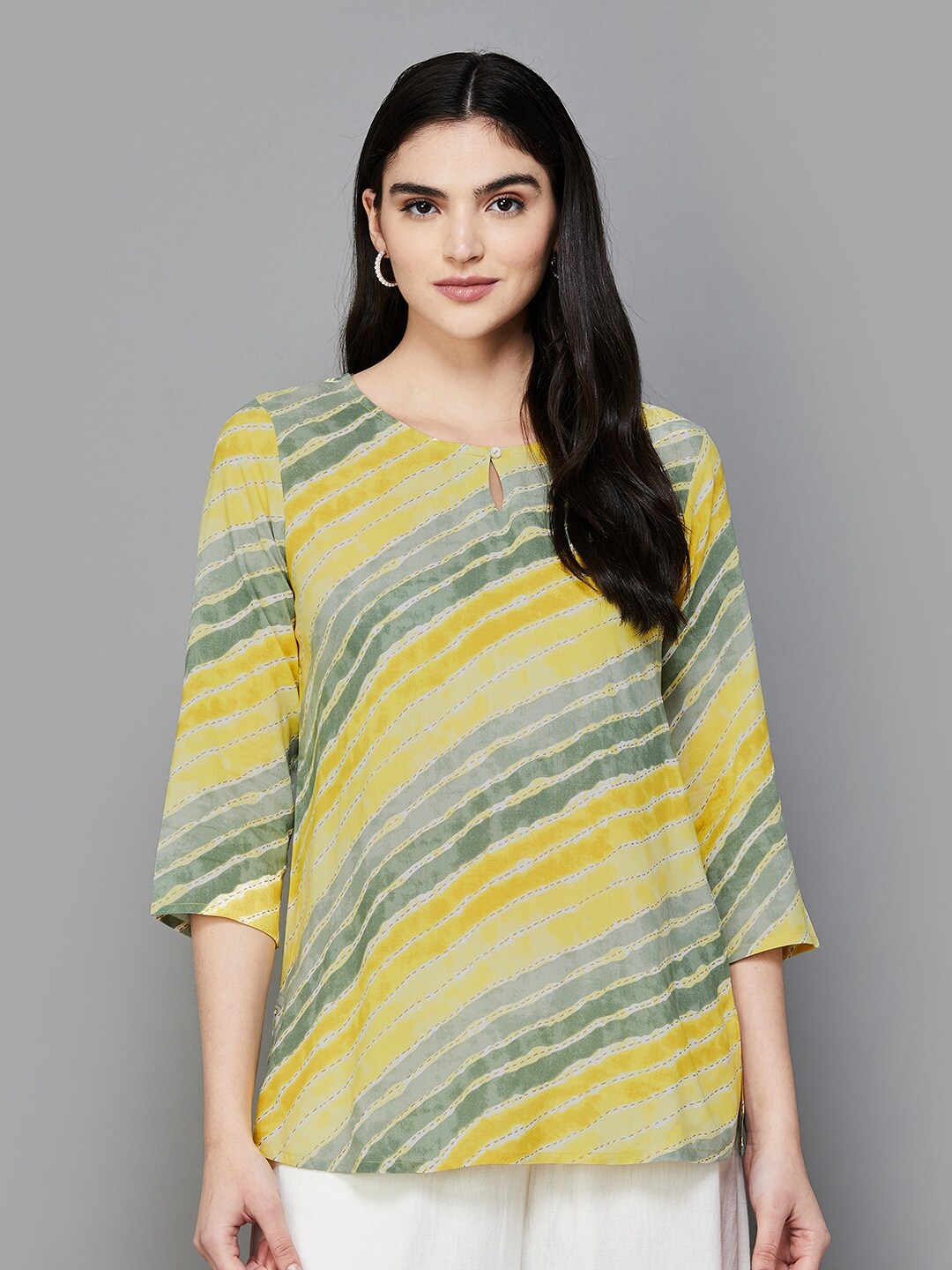 

Melange by Lifestyle Leheriya Printed Keyhole Neck Pure Cotton Kurti, Yellow