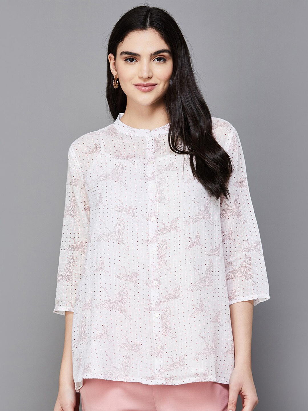 

Melange by Lifestyle Conversational Printed Mandarin Collar Cotton Tunic, White