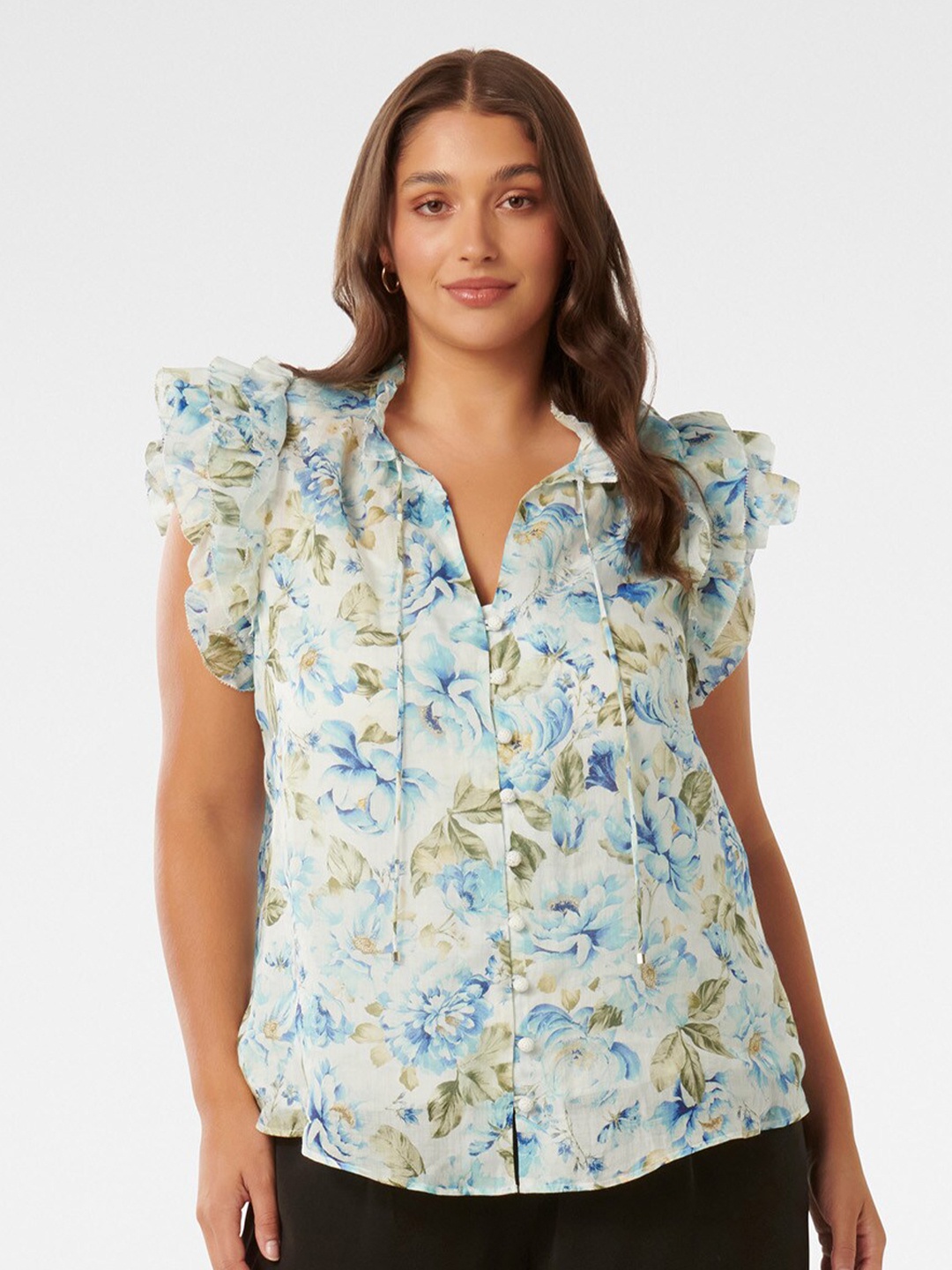 

Forever New Floral Print Mandarin Collar Flutter Sleeve Top, Multi