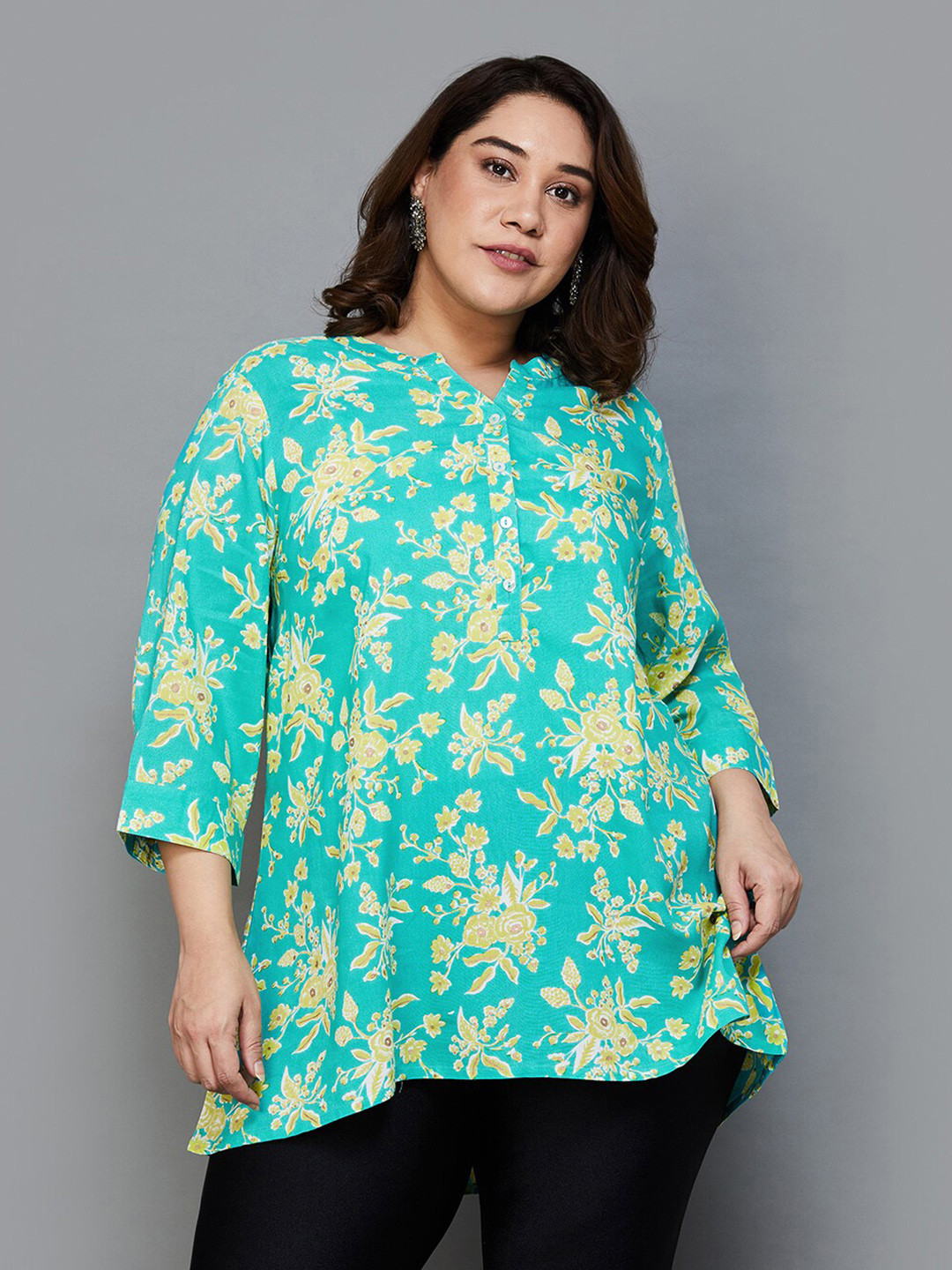 

Moiree by Lifestyle Plus Size Floral Printed Band Collar Kurti, Turquoise blue