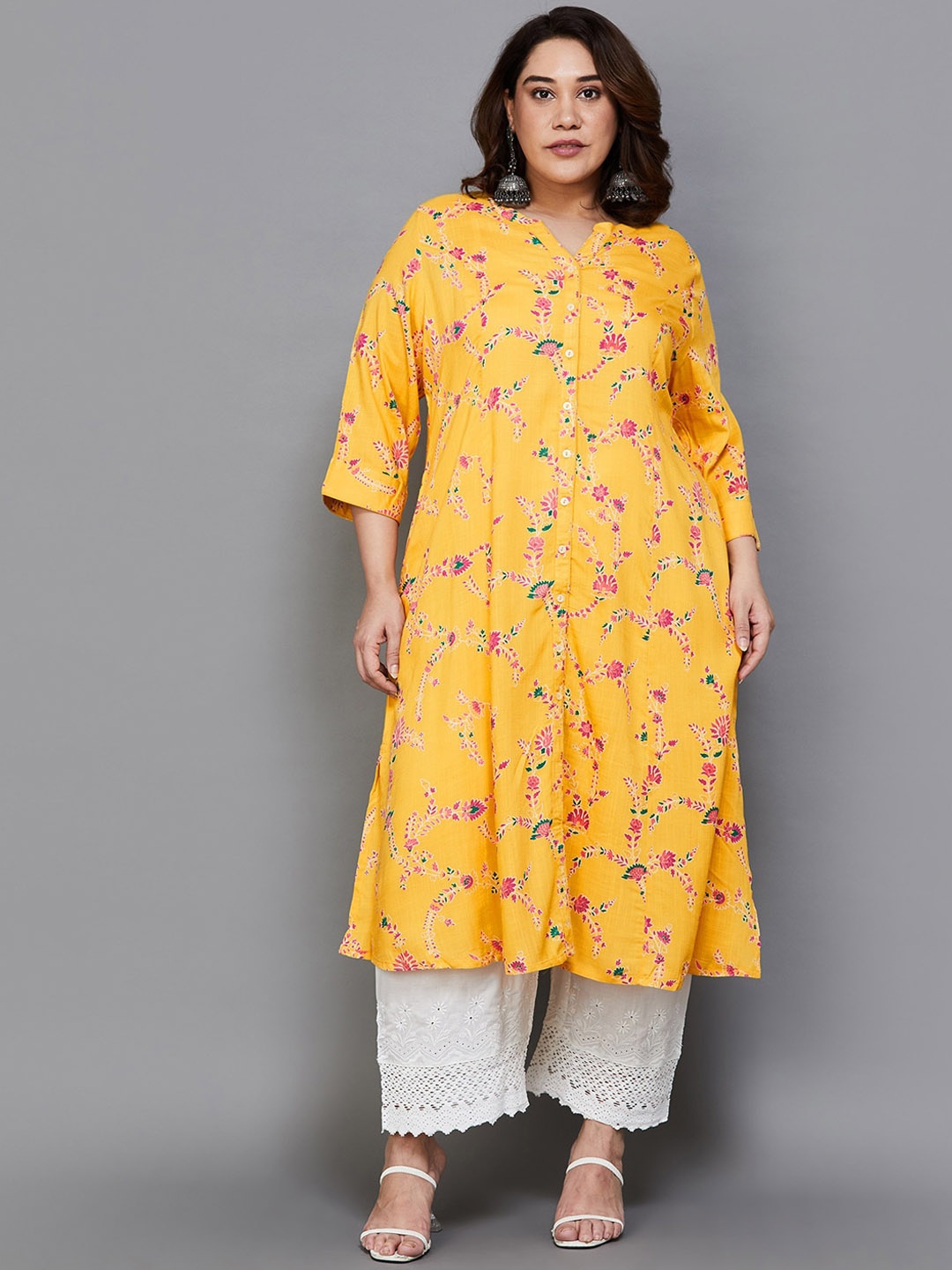 

Moiree by Lifestyle Women Floral Flared Sleeves Mirror Work Kurta, Mustard
