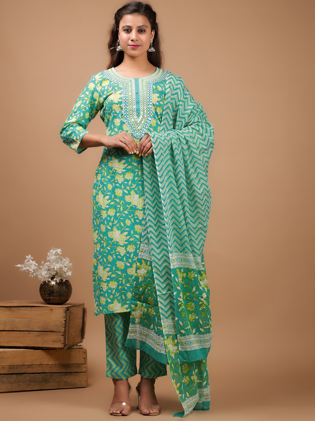 

KALINI Floral Printed Regular Mirror Work Cotton Straight Kurta With Trousers & Dupatta, Turquoise blue