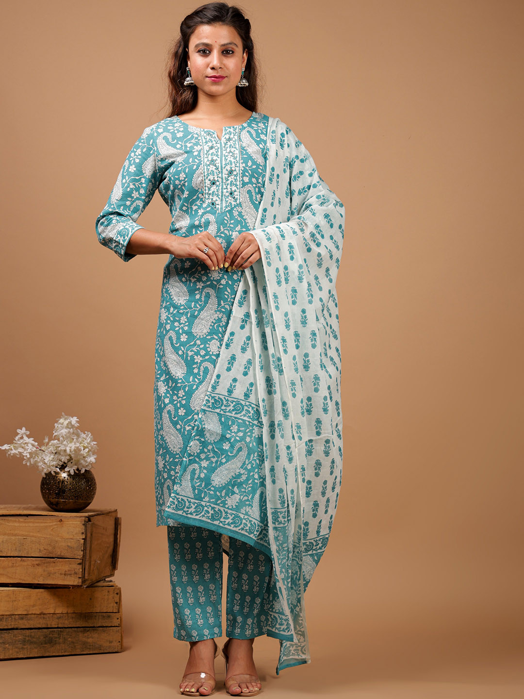 

KALINI Paisley Printed Regular Mirror Work Cotton Straight Kurta With Trousers & Dupatta, Blue