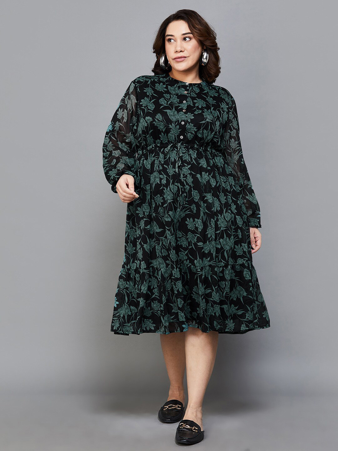 

Nexus by Lifestyle Floral Print Puff Sleeve Empire Midi Dress, Black