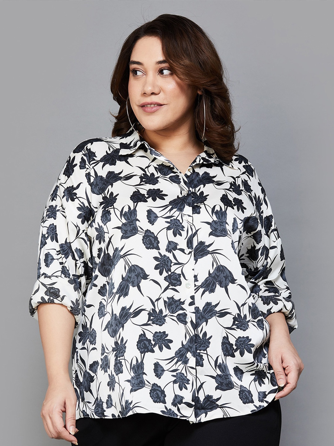 

Nexus by Lifestyle Floral Print Roll-Up Sleeves Shirt Style Top, Off white