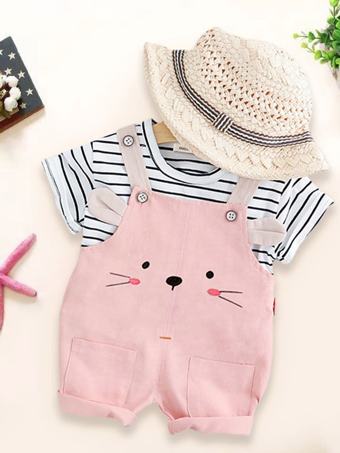 

INCLUD Girls Cotton Denim T-shirt With Dungaree, Pink