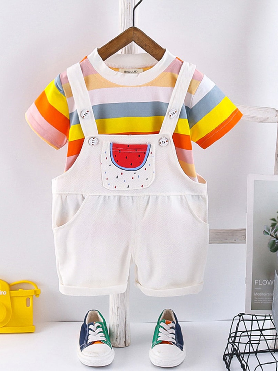 

INCLUD Girls Cotton Tapered Fit Denim Dungarees with Shirt, White
