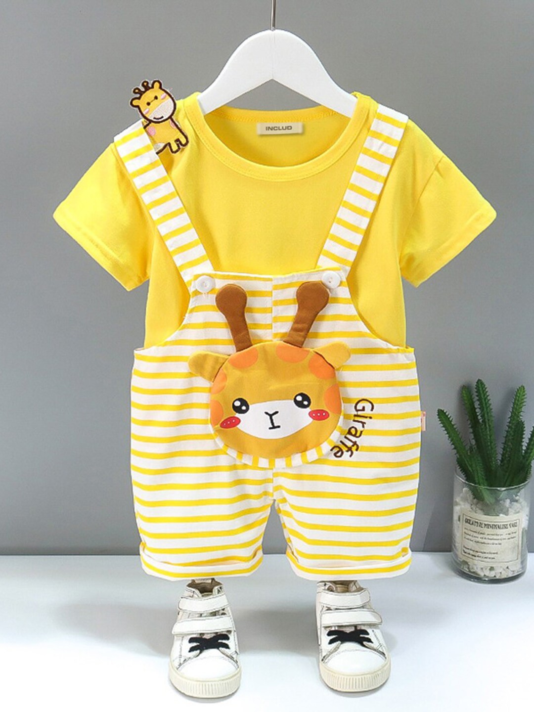 

INCLUD Girls Striped Cotton Denim Dungaree with T-shirt, Yellow