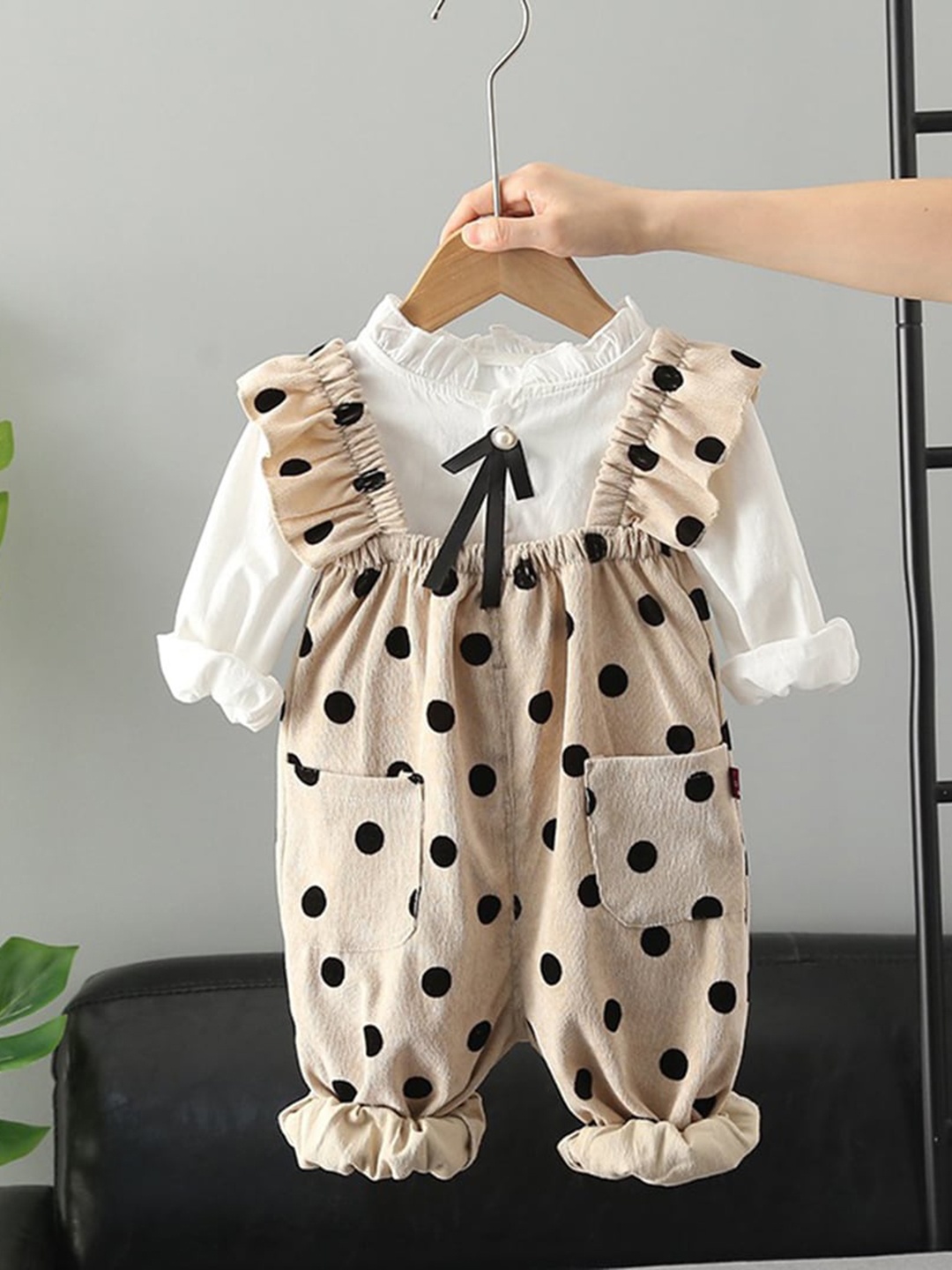 

INCLUD Girls Polka Dot Printed Cotton Jumpsuit With Top, Beige