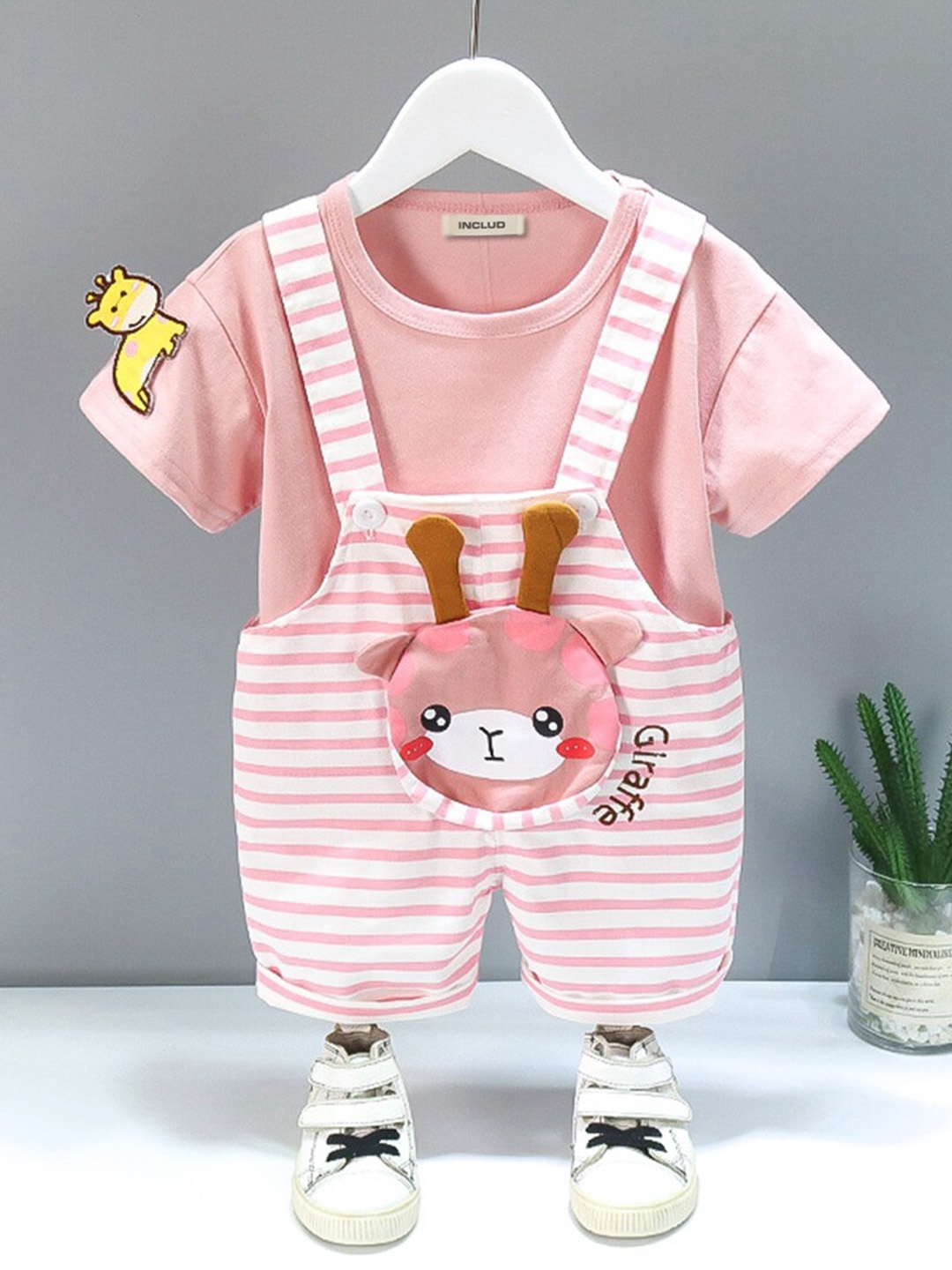 

INCLUD Girls Striped Cotton Denim Dungaree with T-shirt, Pink