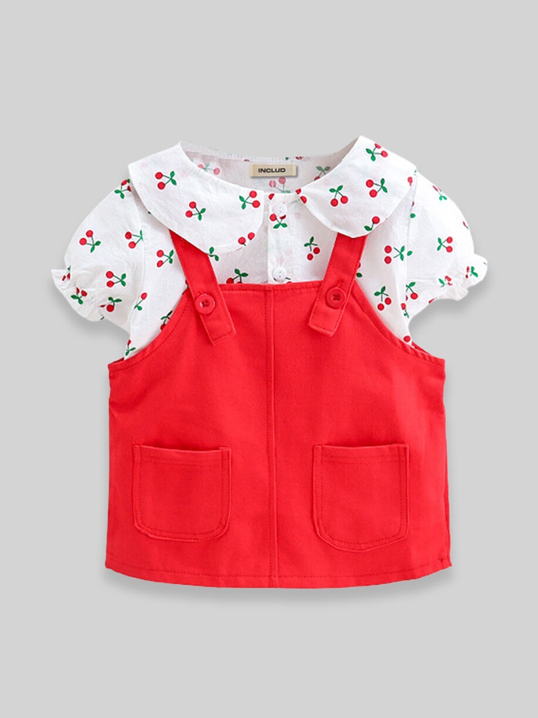 

INCLUD Girls Printed Cotton Denim Dungaree With Top, Red