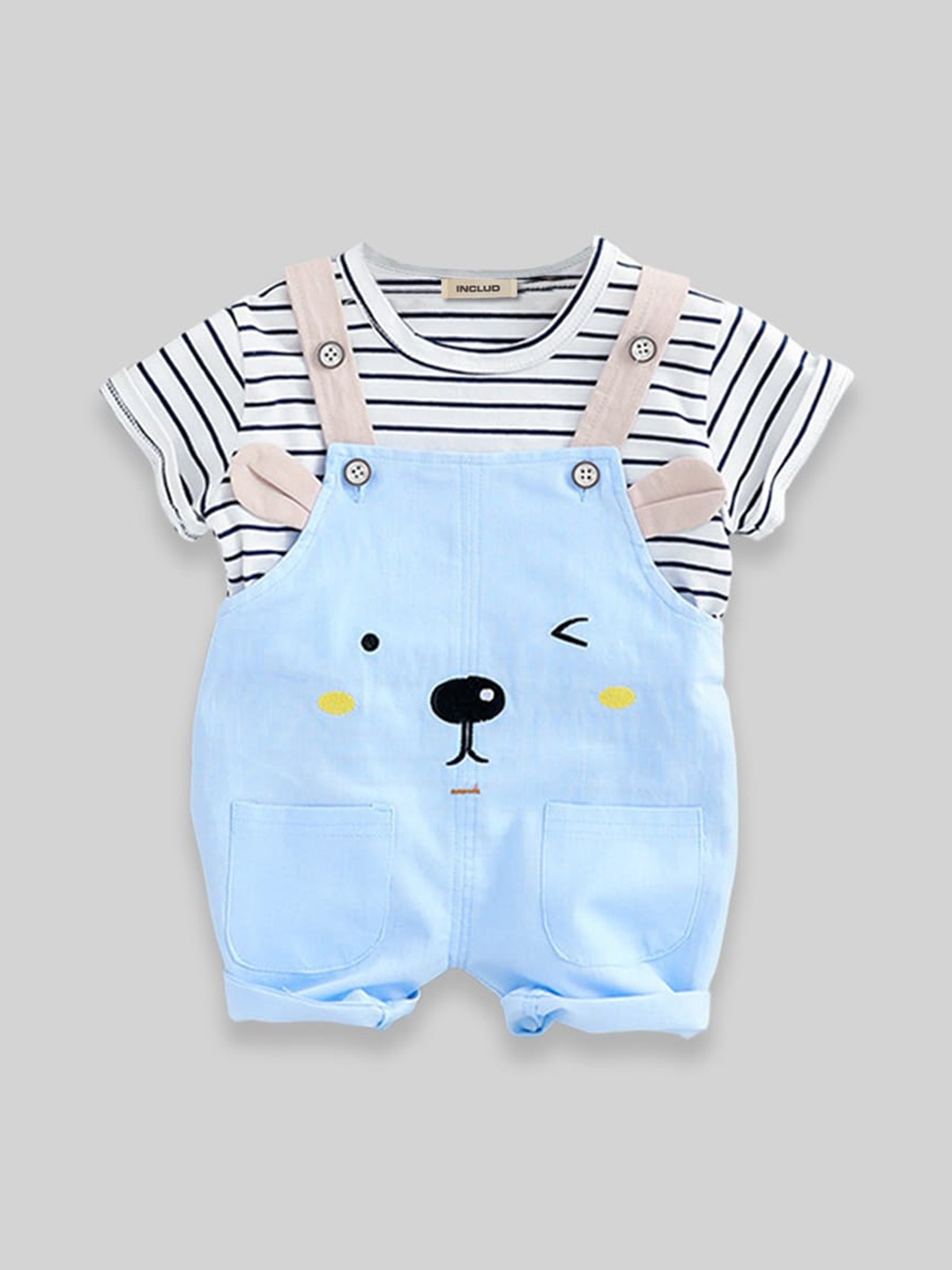 

INCLUD Girls Cotton Denim Dungaree With Striped T-Shirt, Blue