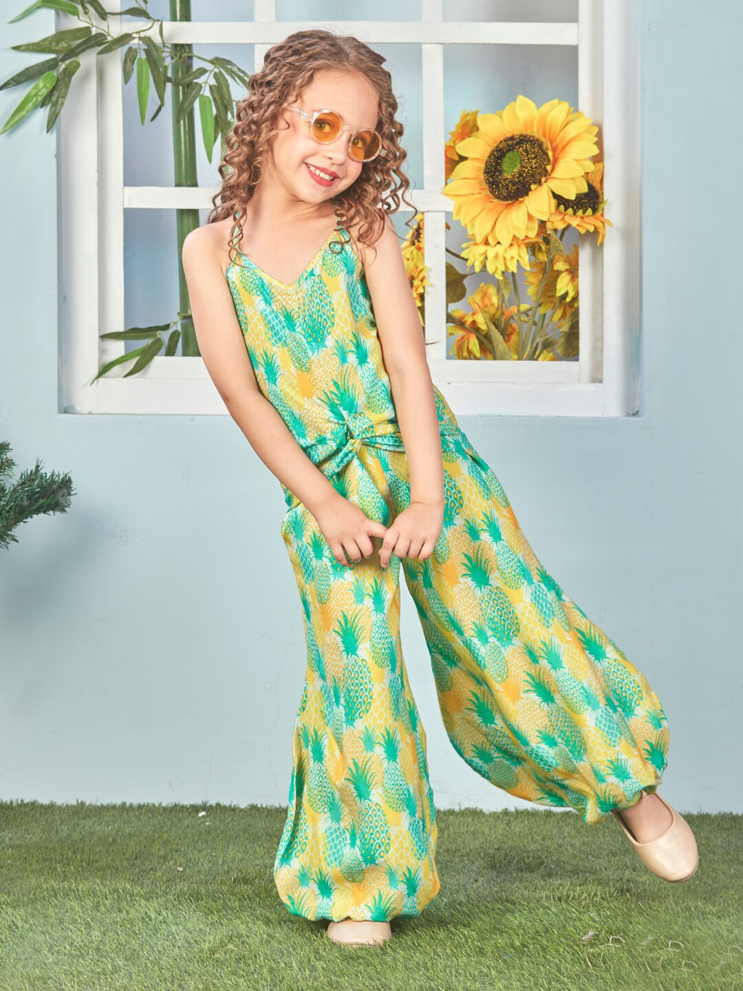 

Lil Peacock Girls Printed Top with Palazzos, Green