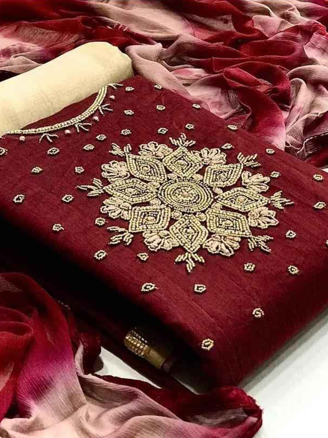 

faxofab Embellished Unstitched Dress Material, Maroon