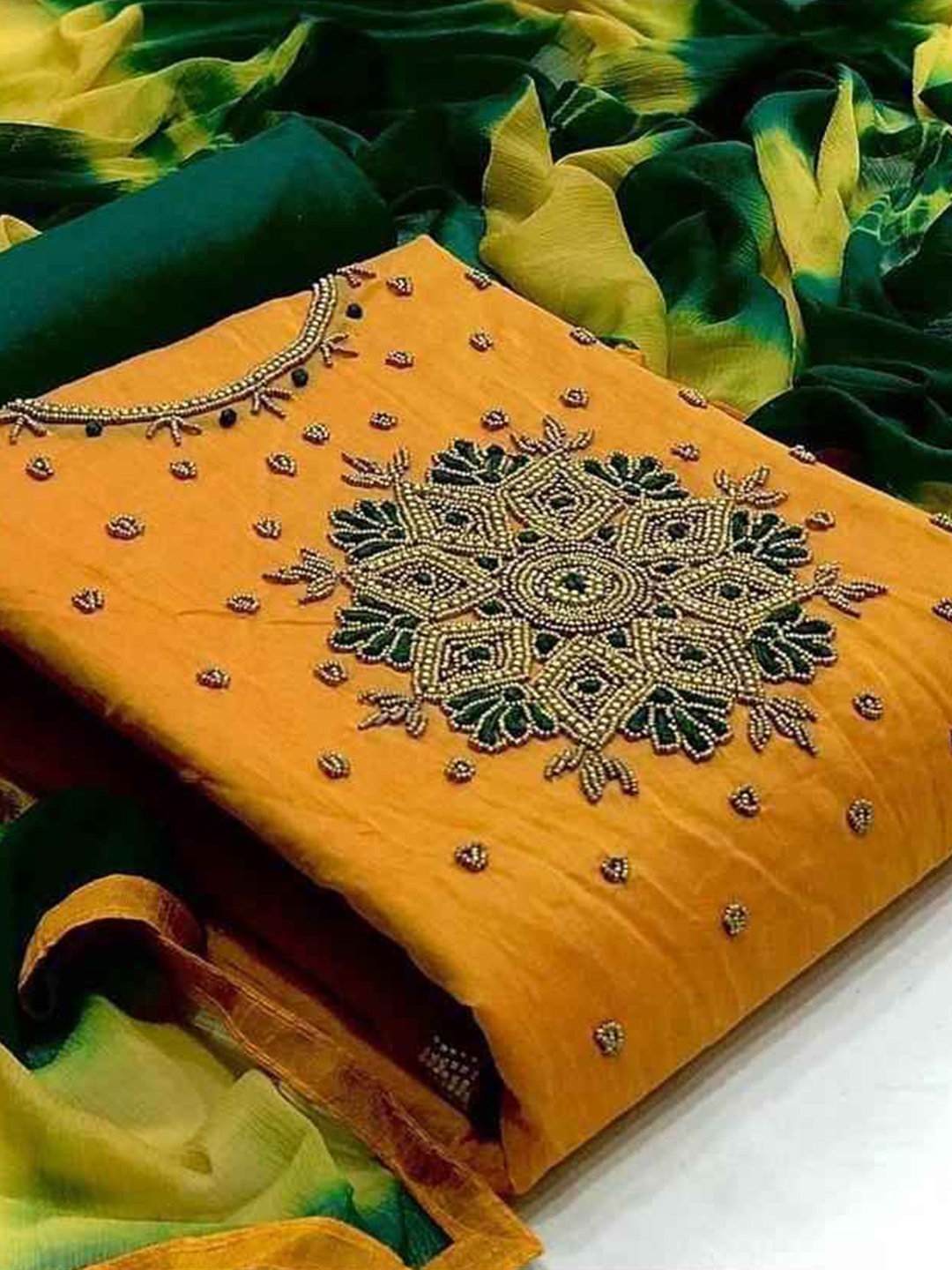 

faxofab Embroidered Unstitched Dress Material, Mustard