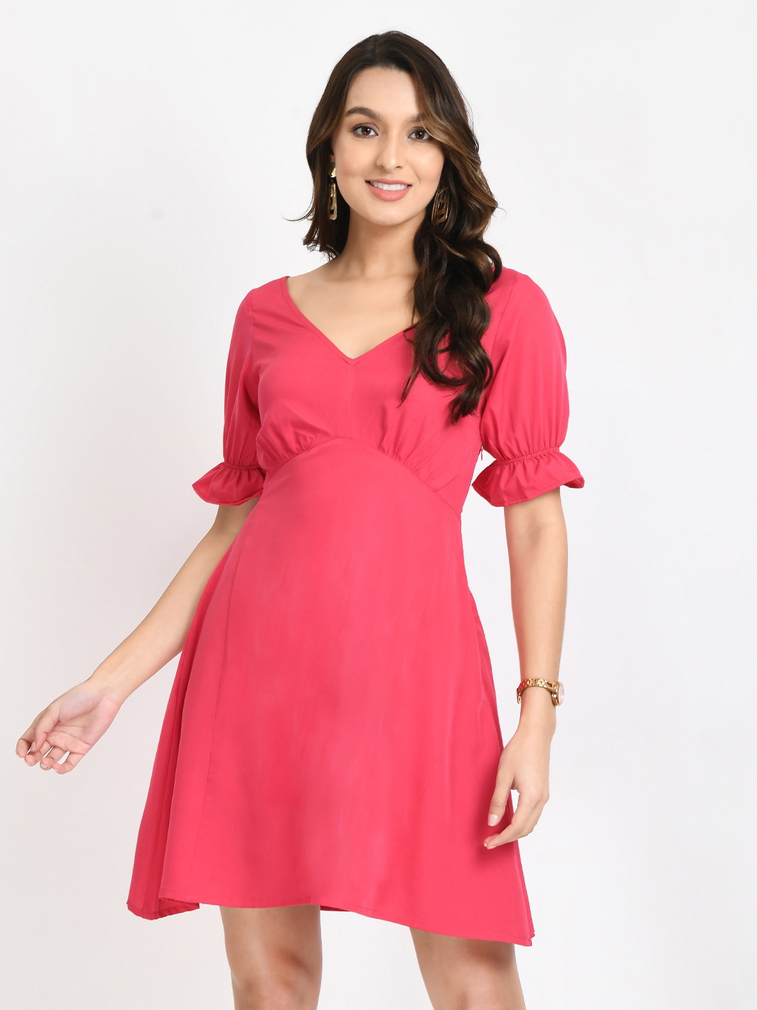 

V&M Bell Sleeve Crepe Fit & Flare Dress, Pink