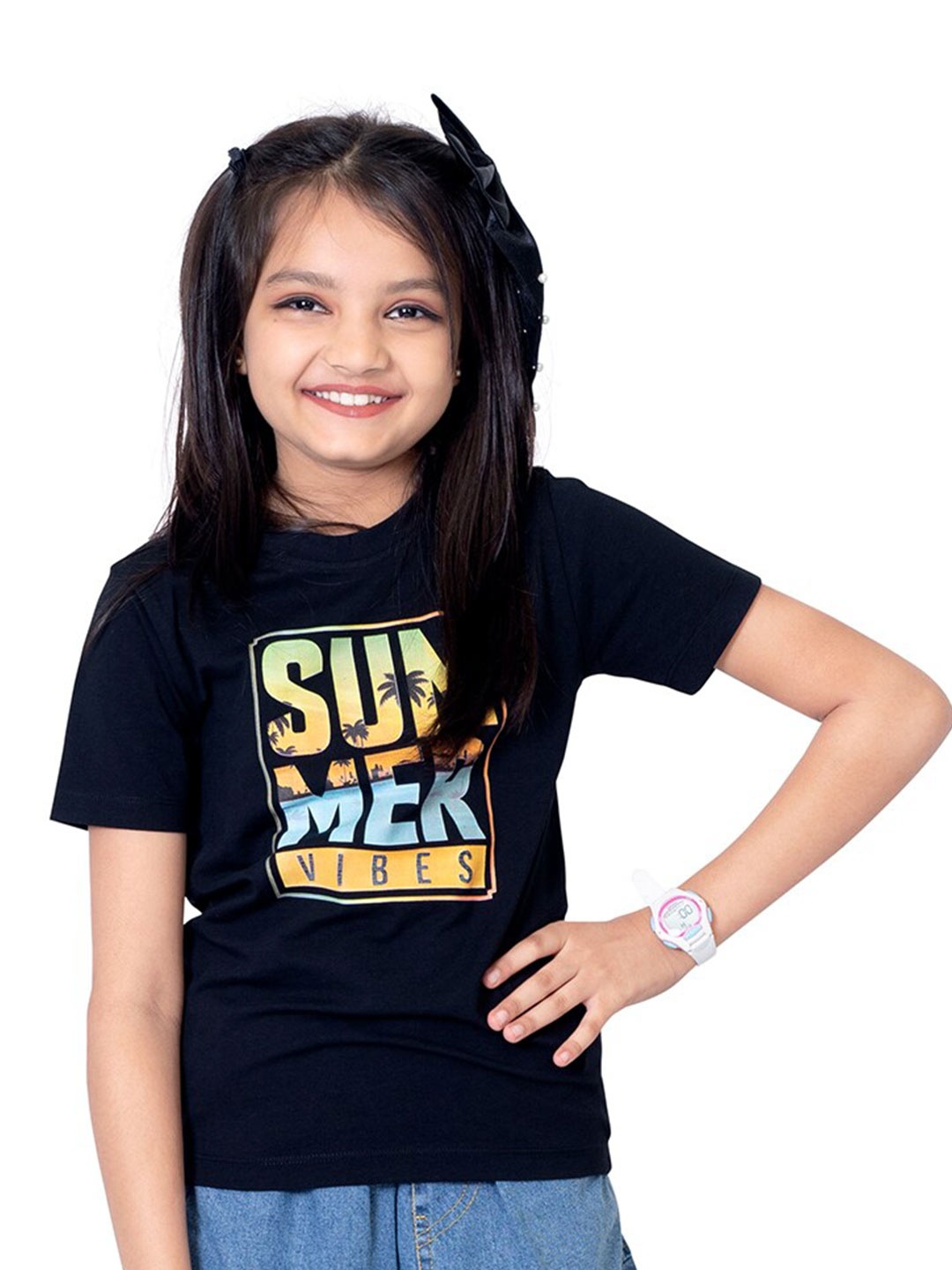 

ONE SKY Girls Typography Applique T-shirt, Black