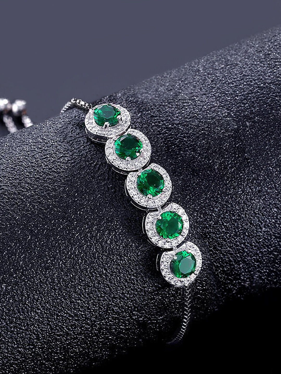 

PRIVIU Green Brass American Diamond Rhodium-Plated Wraparound Bracelet, Silver