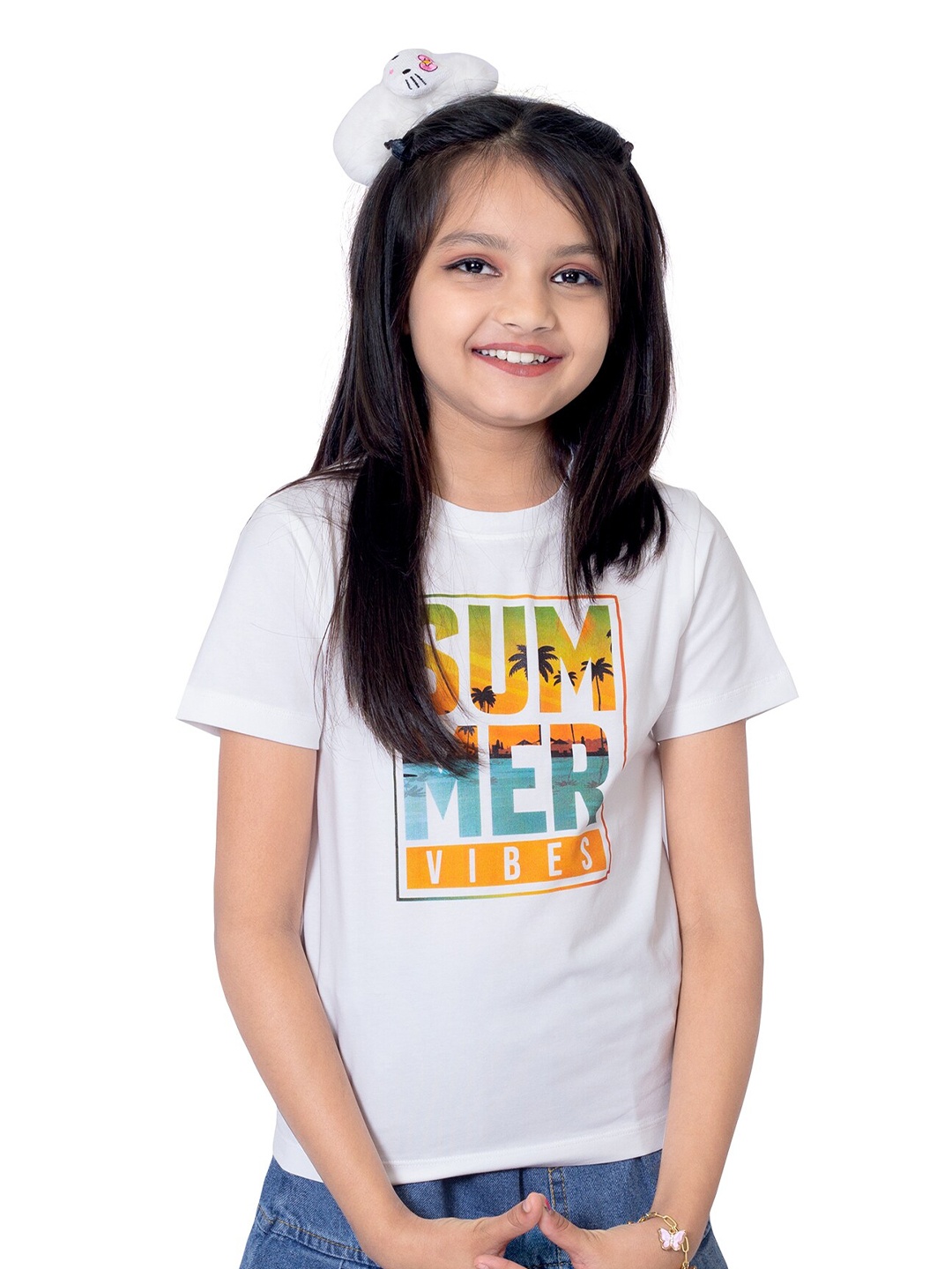 

ONE SKY Girls Typography Printed Polo Collar Applique T-shirt, White