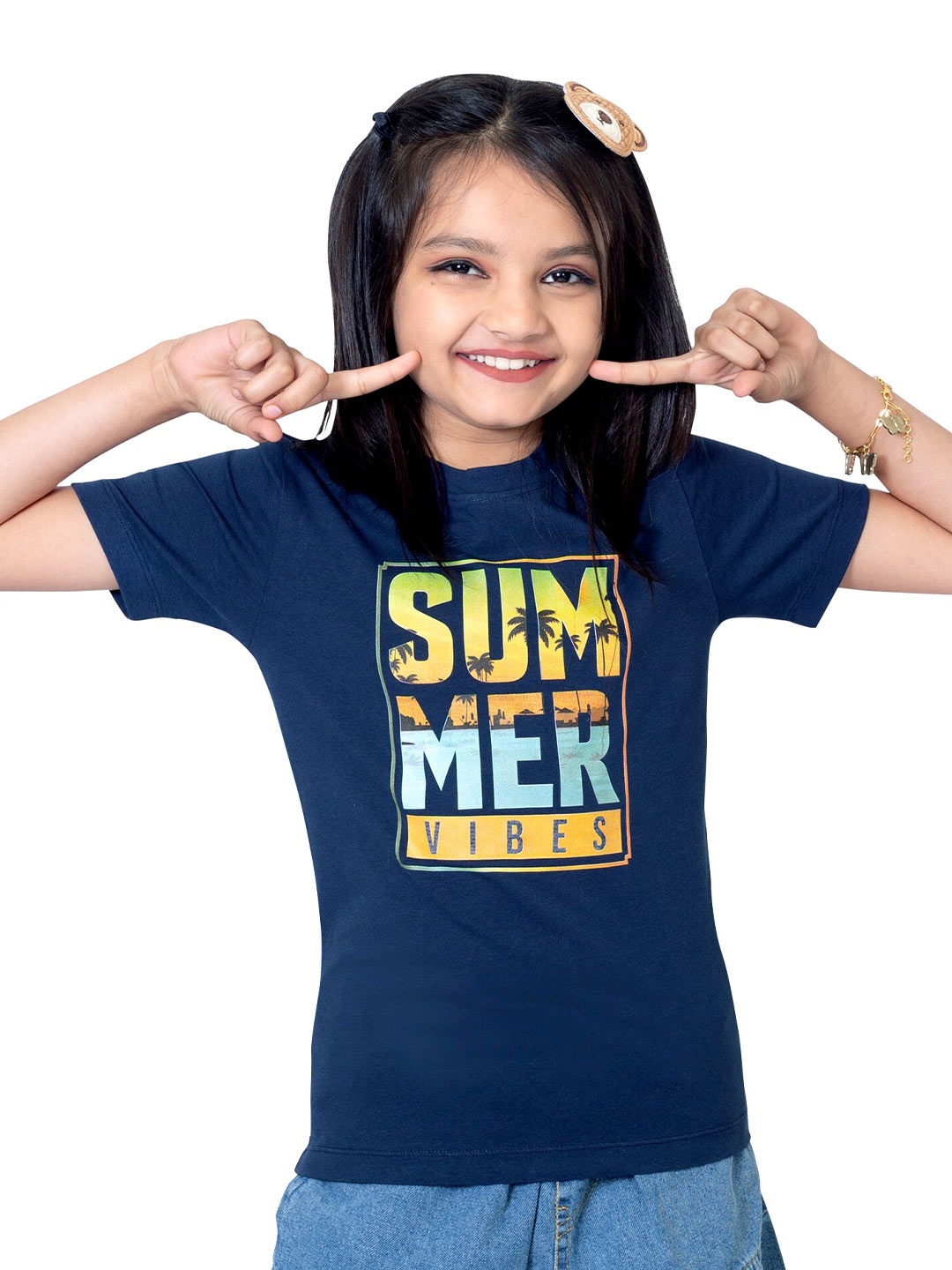 

ONE SKY Girls Typography Printed Pockets T-shirt, Navy blue