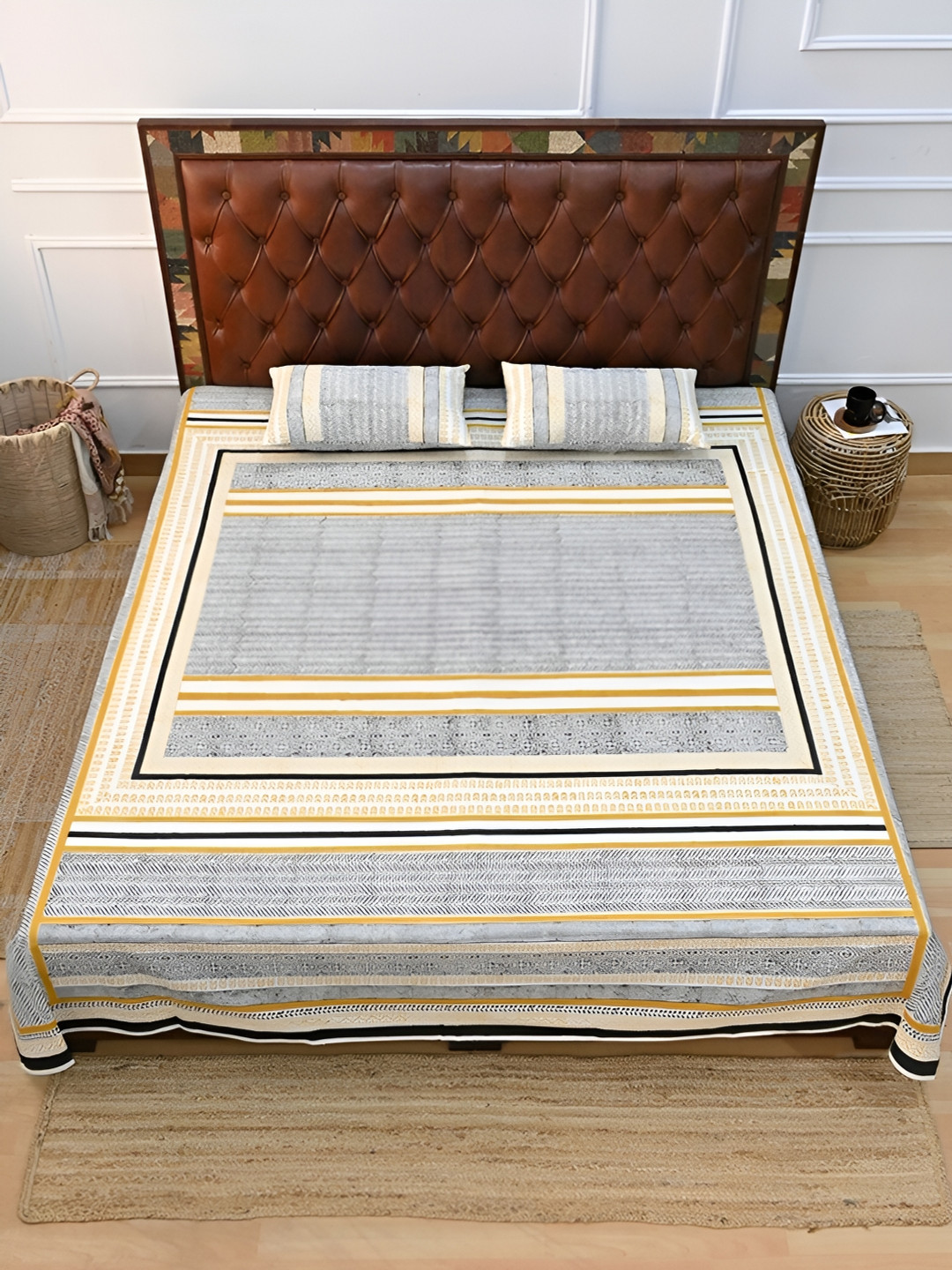

Art Avenue Yellow & Blue Striped Cotton 120 TC King Bedsheet with 2 Pillow Covers