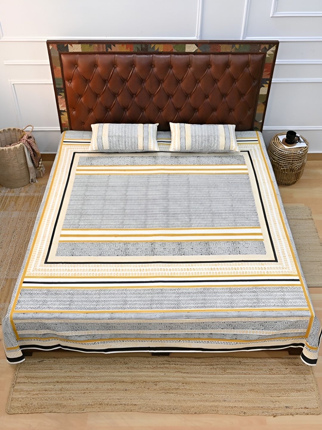 

Art Avenue Yellow & Blue Cotton Printed 120 TC Queen Bedsheet with 2 Pillow Covers